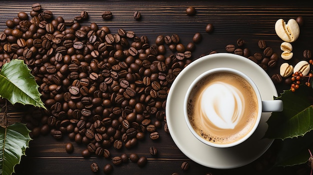 Coffee cup and beans frame on wooden table against a background of sunlight