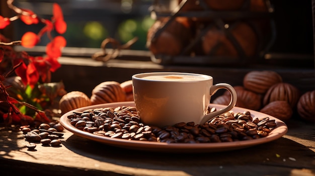 Coffee cup and beans frame on wooden table against a background of sunlight