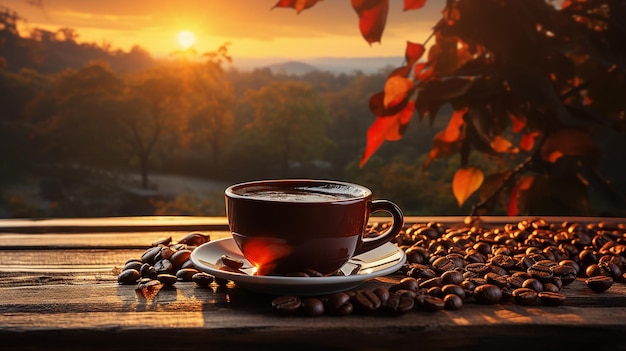 Coffee cup and beans frame on wooden table against a background of sunlight