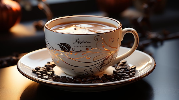 Coffee cup and beans frame on wooden table against a background of sunlight