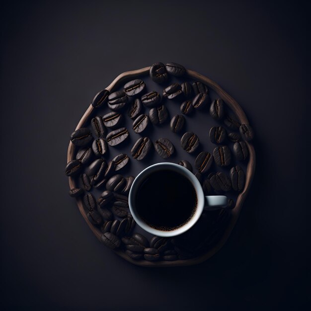 Coffee cup and beans on old kitchen table Top view with copyspace for your text