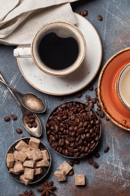 Coffee cup beans and sugar