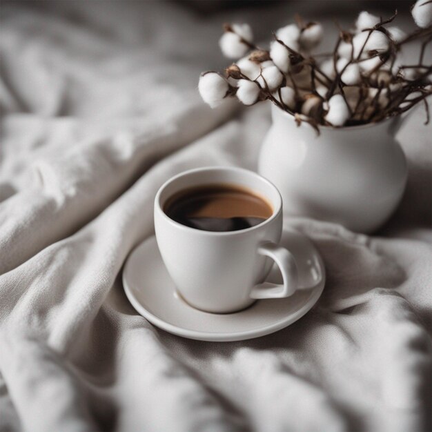 Coffee cup in bed with cotton flowers ai generataed