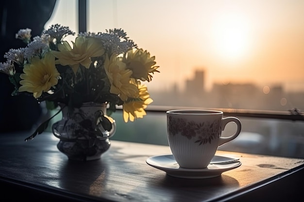 Coffee cup and bouquet of flowers on the table with sunset A cup of coffee and a beautiful flower vase with fresh blooms AI Generated