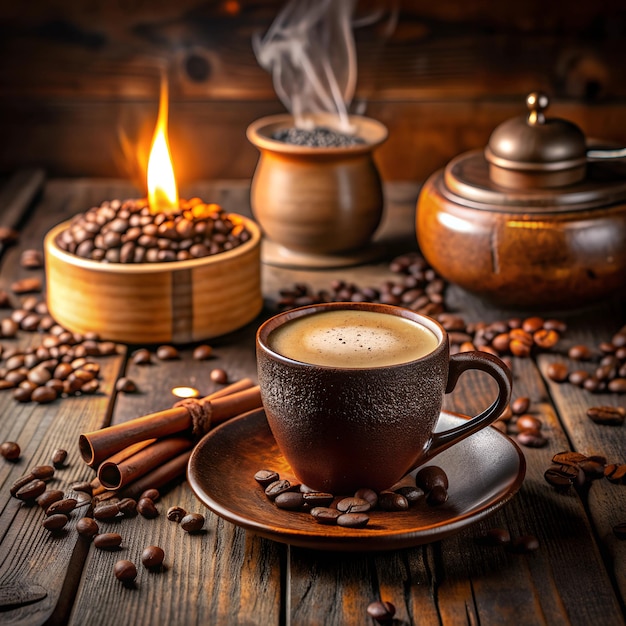 A Coffee Cup And Candle On A Table