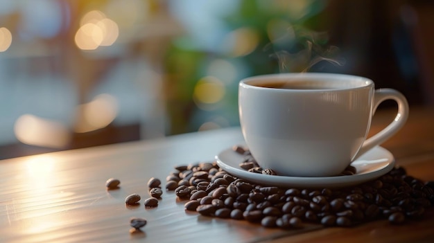 Coffee cup and coffee beans on table Ai generated