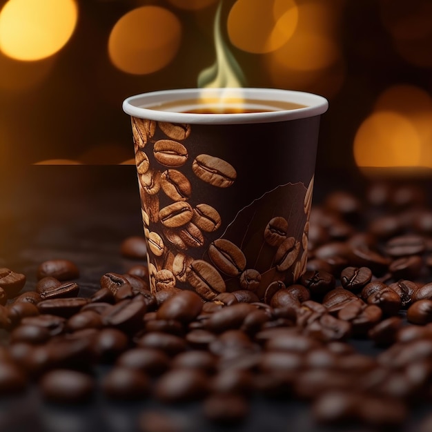 Coffee cup and coffee beans on the table Coffee background