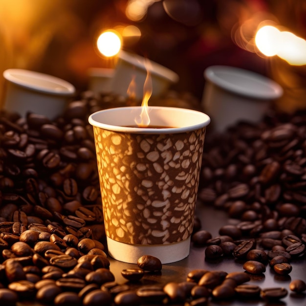 Coffee cup and coffee beans on the table Coffee background