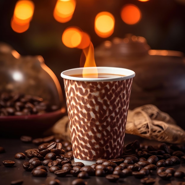 Coffee cup and coffee beans on the table Coffee background