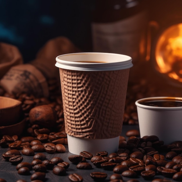 Coffee cup and coffee beans on the table Coffee background