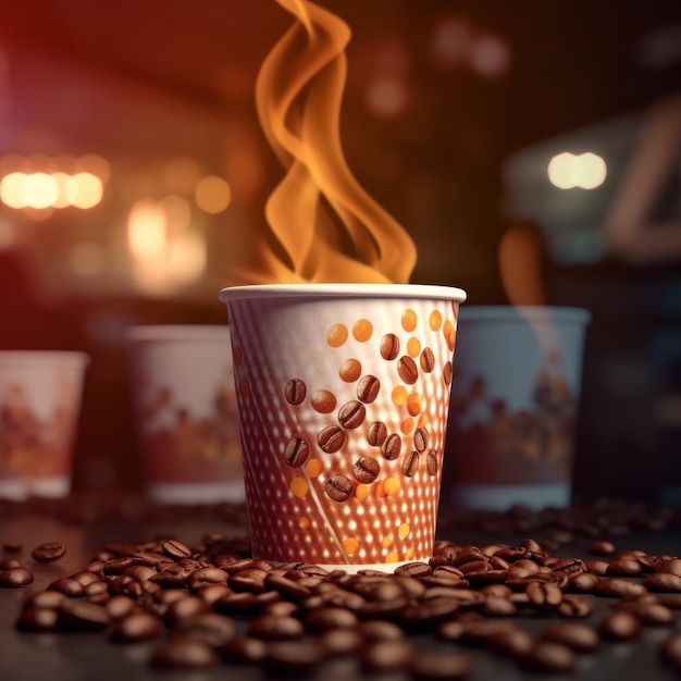 Coffee cup and coffee beans on the table Coffee background