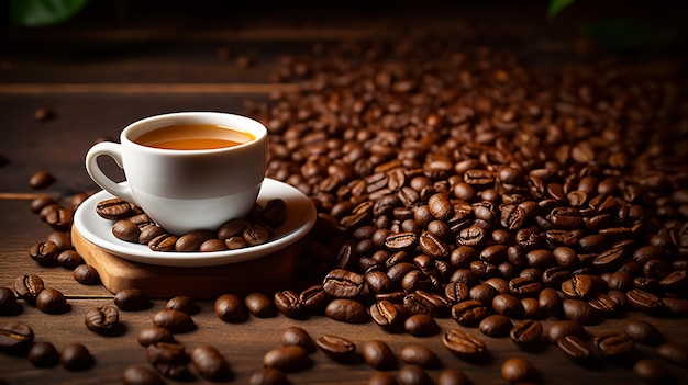 Coffee Cup Coffee Beans on Table with empty copy space for text