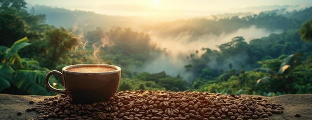 coffee cup and coffee beans over a tropical forest in the style of hazy landscapes