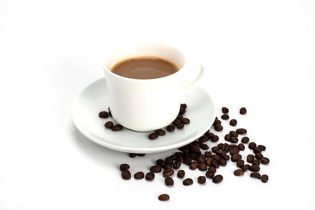 Coffee cup and coffee beans on a white background