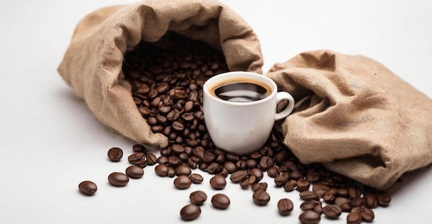 Coffee cup and coffee beans with white background