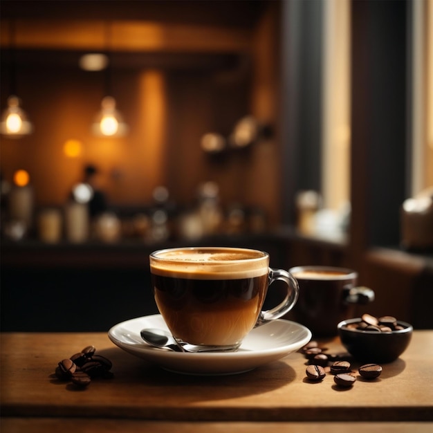 Coffee cup and coffee beans on wooden table in coffee shop