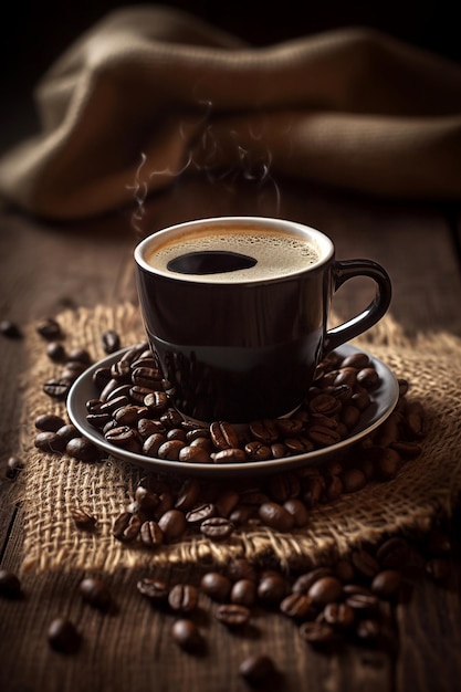 Coffee cup and coffee beans on a wooden table