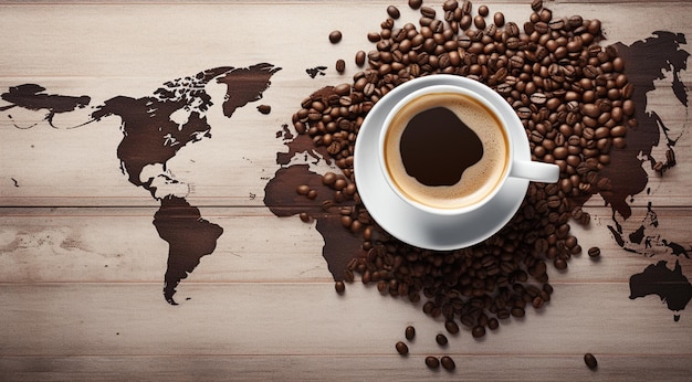 Coffee cup and coffee beans on the world map background generativa IA