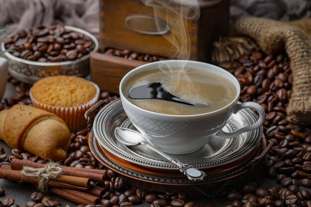 Coffee in a cup on coffee beans