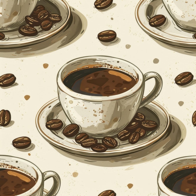 Photo coffee cup design with stylized coffee beans and cups in earthy tones