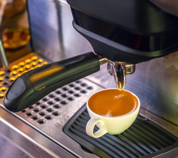 Coffee cup of espresso pouring from the coffee machine Professional coffee brewing in the cafe