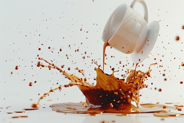 Photo coffee cup falls to the floor the coffee is poured splashed on a white background