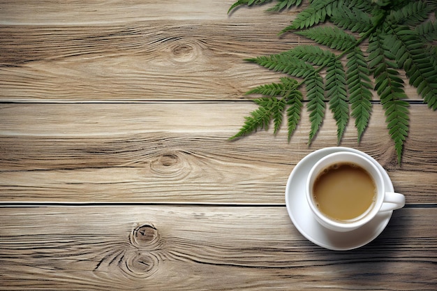 Coffee cup and fern leaves on wooden table Top view with copy space