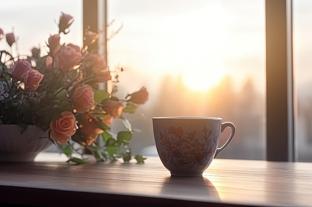 Coffee cup and flowers on wooden table in front of the window A cup of coffee and a beautiful flower vase with fresh blooms AI Generated