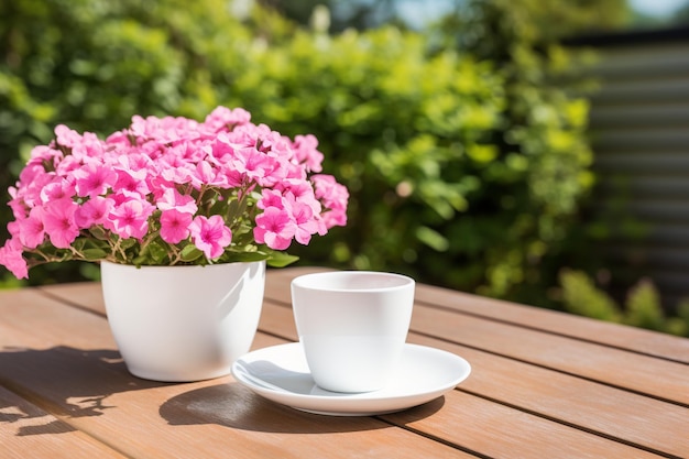 Coffee cup on a garden table with flowers