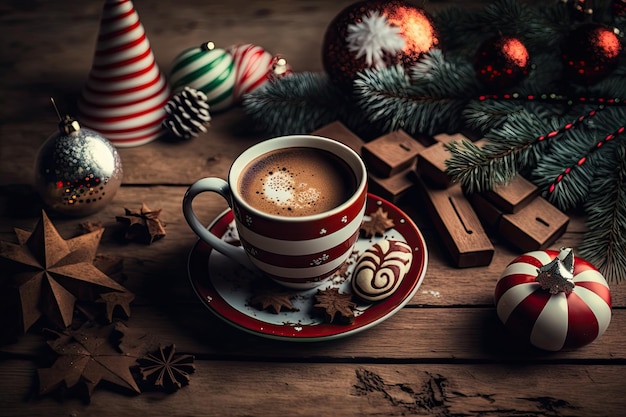 Coffee cup and holiday decorations on a wooden table