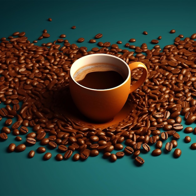 A coffee cup is surrounded by coffee beans and coffee beans.