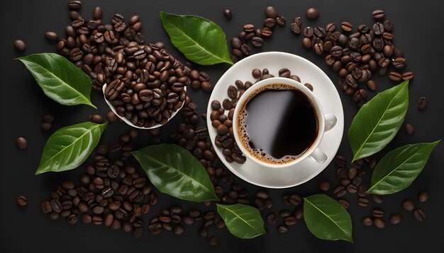 coffee cup and leaves on a black background