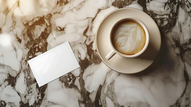 Photo coffee cup on marble surface with blank business card photo