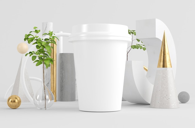 Coffee cup mock up on surreal abstract background 3d rendering