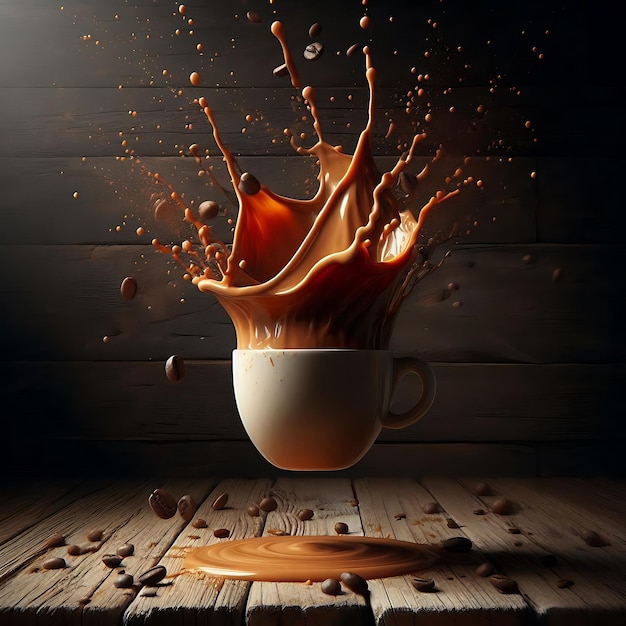 Coffee Cup in Motion with Splash Against Rustic Wood Surface CloseUp Realism