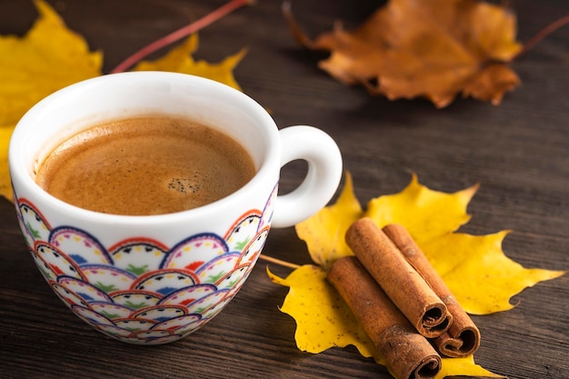 Coffee in a cup near autumn leaves