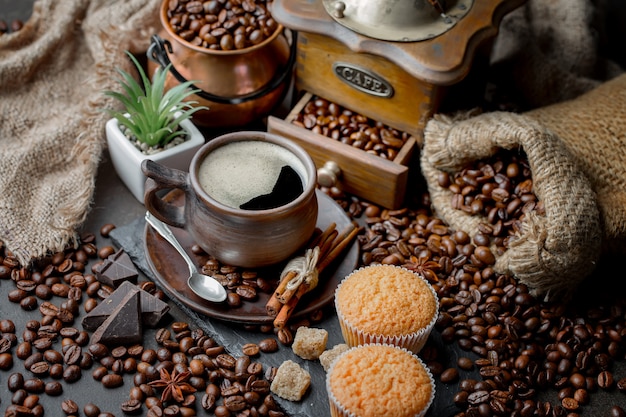 Coffee in a cup on an old background