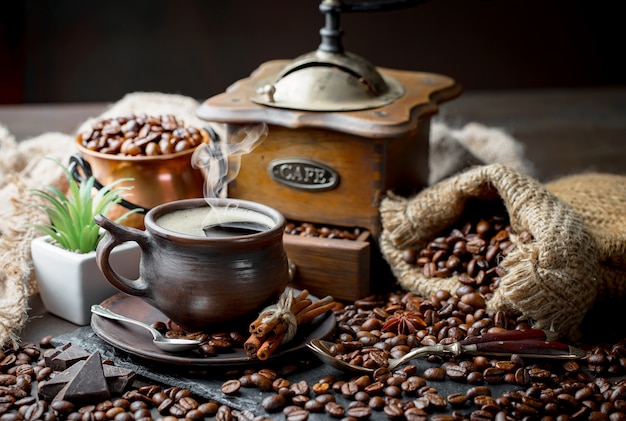 Coffee in a cup on an old background