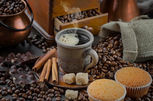 Coffee in a cup on an old background