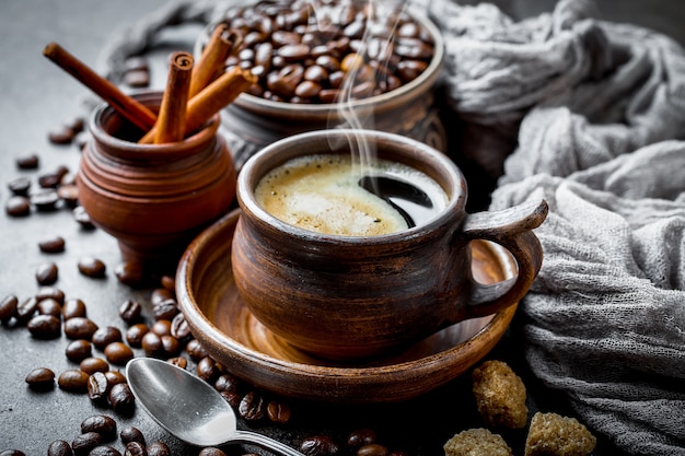 Coffee in a cup on an old surface