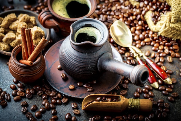 Coffee in a cup on an old surface