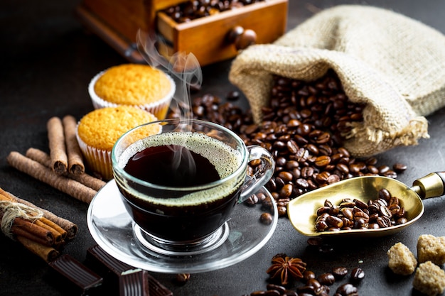 Coffee in a cup on an old table.