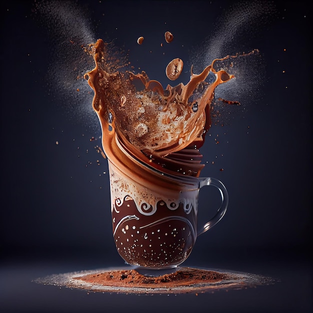 A coffee cup overflowing with chocolate liquid