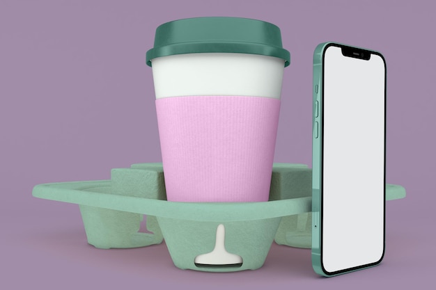 Coffee Cup and Phone Front Side Isolated With Purple Background