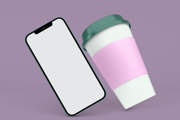 Coffee Cup and Phone Right Side Isolated In Purple Background