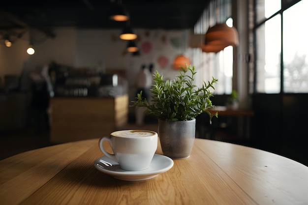 Coffee cup and plant adorn table in cozy coffee shop interior