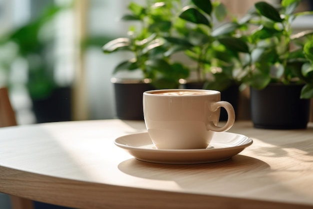 A Coffee Cup and Plant Adorn a Table in a Cozy Coffee Shop Studio Interior