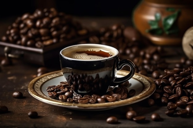 Coffee cup on a plate with coffee beans in the background