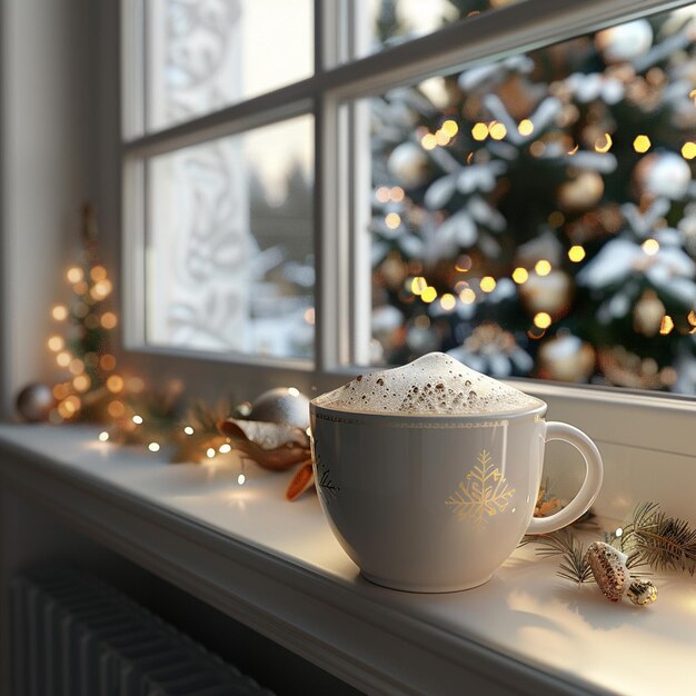 Photo a coffee cup rests on the window sill near a christmas tree