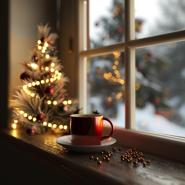 Photo a coffee cup rests on the window sill near a christmas tree